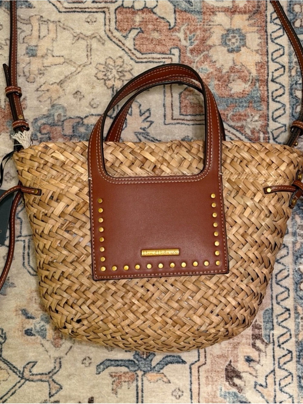 House of Harlow 1960 Straw Crossbody Bag with Brown Leather Trim - Picture 5 of 9